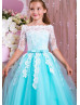 Elbow Sleeves White Lace Turquoise Tulle Unique Flower Girl Dress Elbow Sleeves White Lace Turquoise Tulle Unique Flower Girl Dress